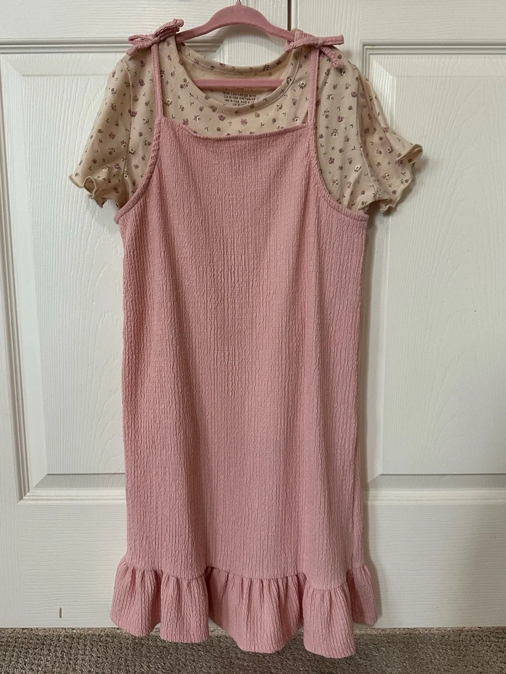 H&M - Girls' Pink Ruffle-Hem Pinafore Dress with Floral Tee